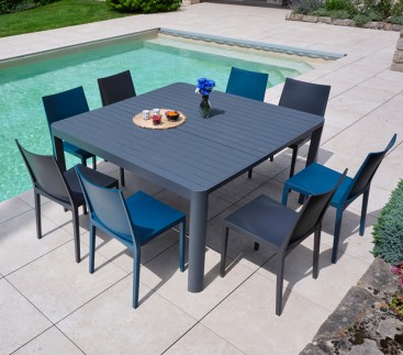 MIMAOS - Ensemble table et chaises de jardin - 8 places - Gris Anthracite et Bleu