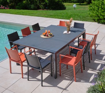 MIMAOS XL - Ensemble table et chaises de jardin - 10 places - Gris Anthracite et Terracotta