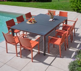 MIMAOS XL - Ensemble table et chaises de jardin - 10 places - Terracotta