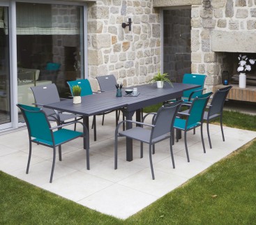 HONFLEUR XL BEZIERS - Ensemble table et chaises de jardin - 8 places - Gris Anthracite et Bleu Canard