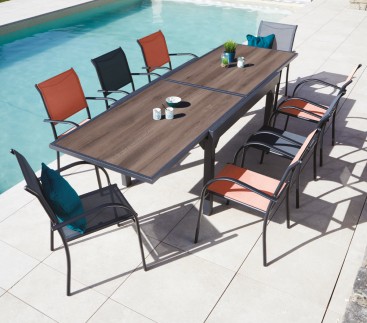 HONFLEUR XL SPC BEZIERS chêne brun - Ensemble table et chaises de jardin - 8 places - gris et terracotta